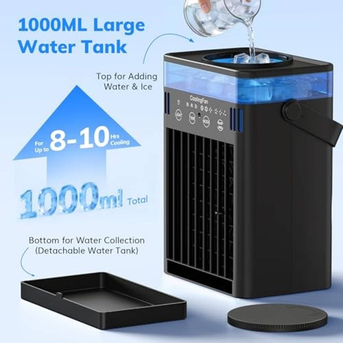 Black portable air conditioner with top water reservoir and detachable bottom water tray