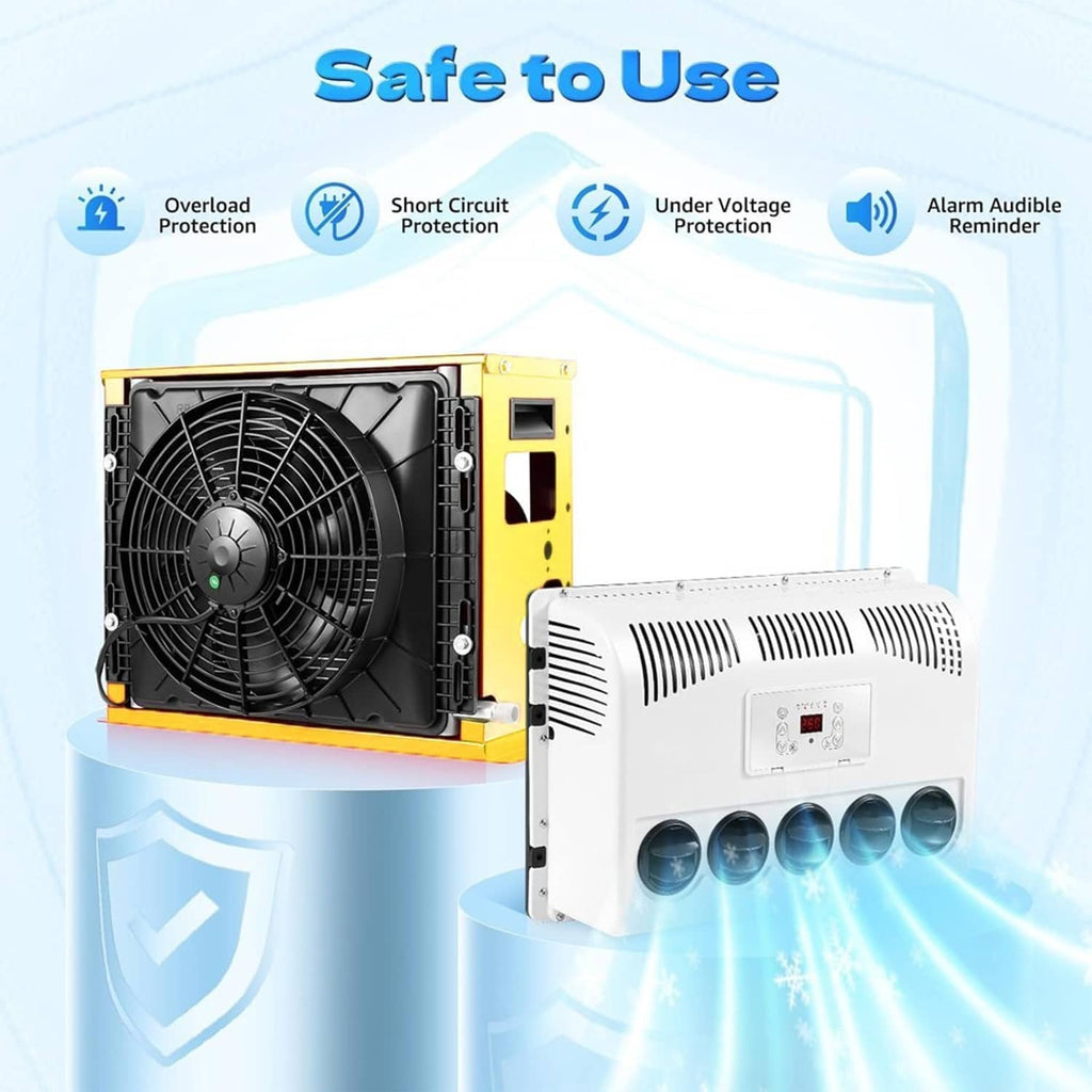 12V truck split AC indoor and outdoor units, white evaporator and yellow condenser housing