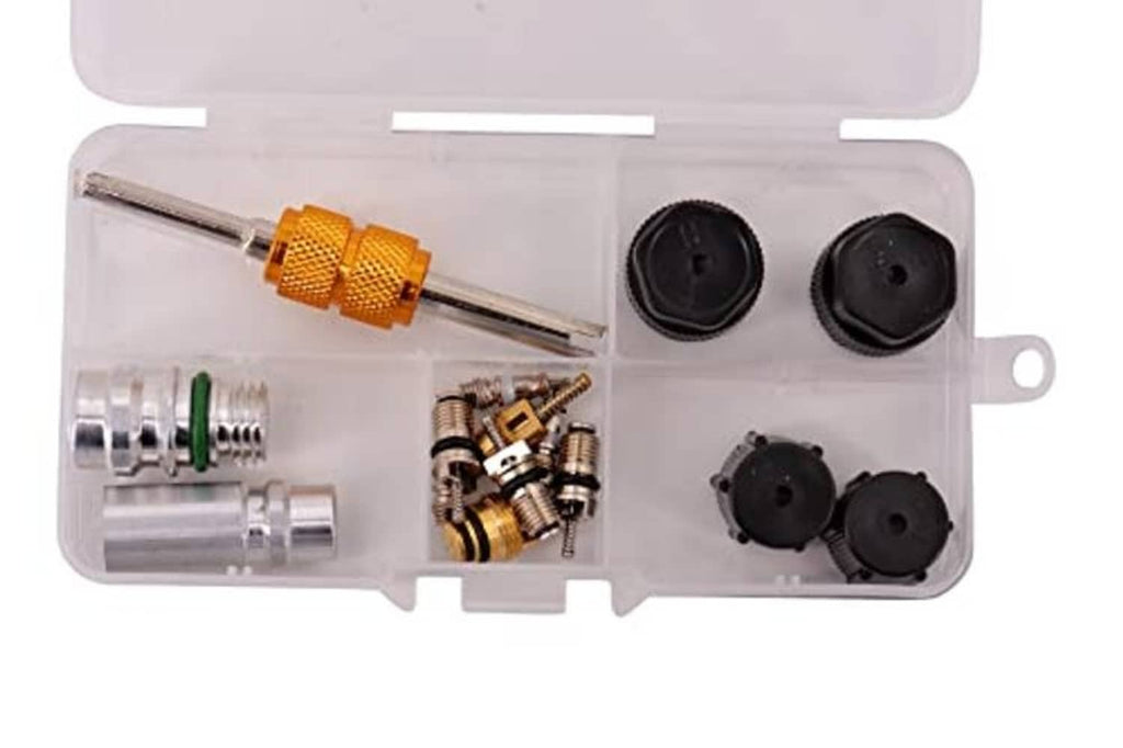 Valve core kit in clear case with black seal caps, metal cores, and silver brass fittings
