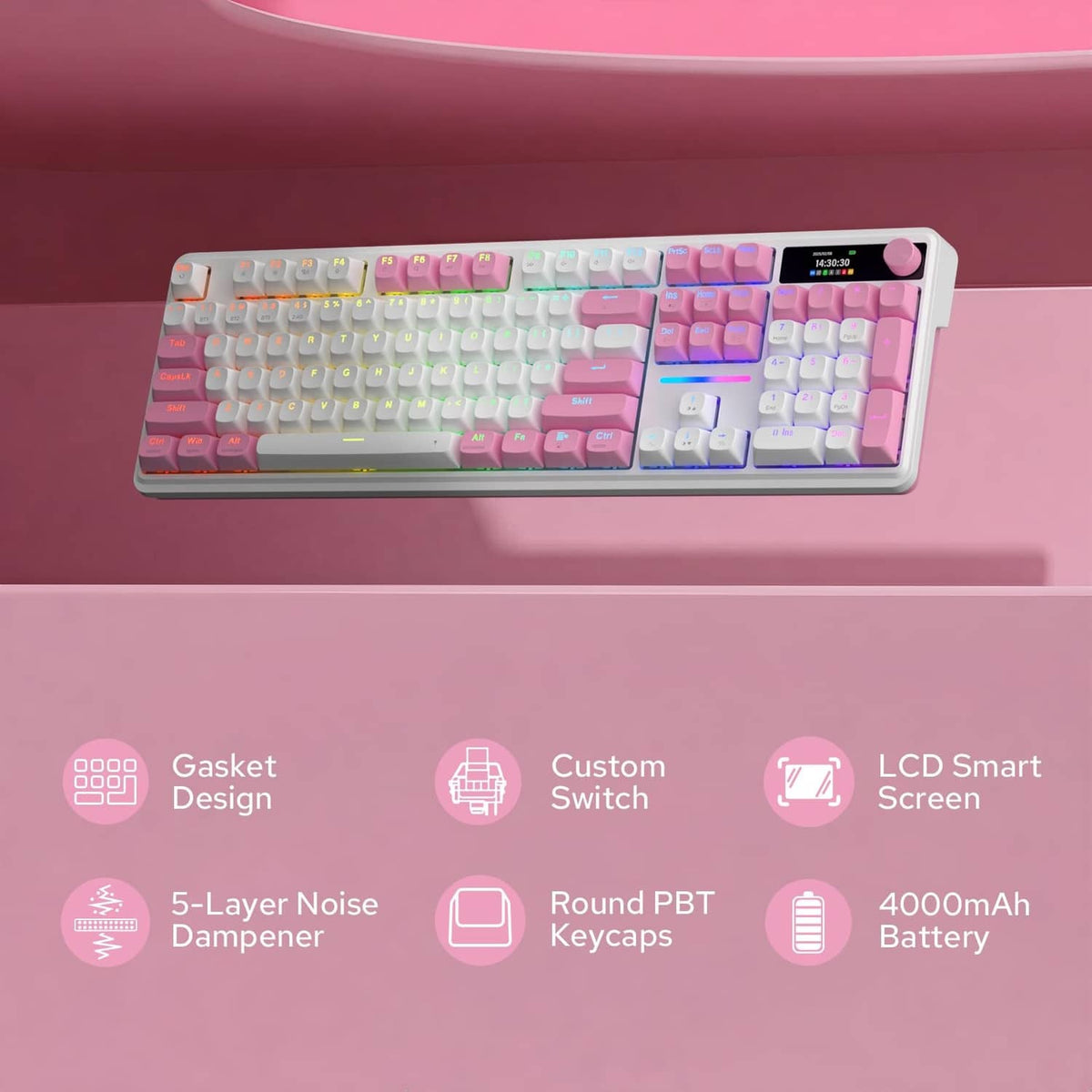 Wireless gaming keyboard with pink and white keys, RGB backlight, and gasket frame