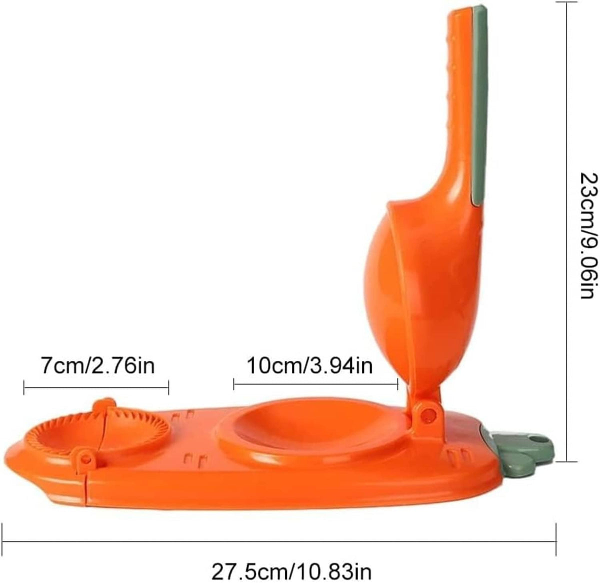 Orange dumpling maker press mold with green scraper and handle, with size diagram