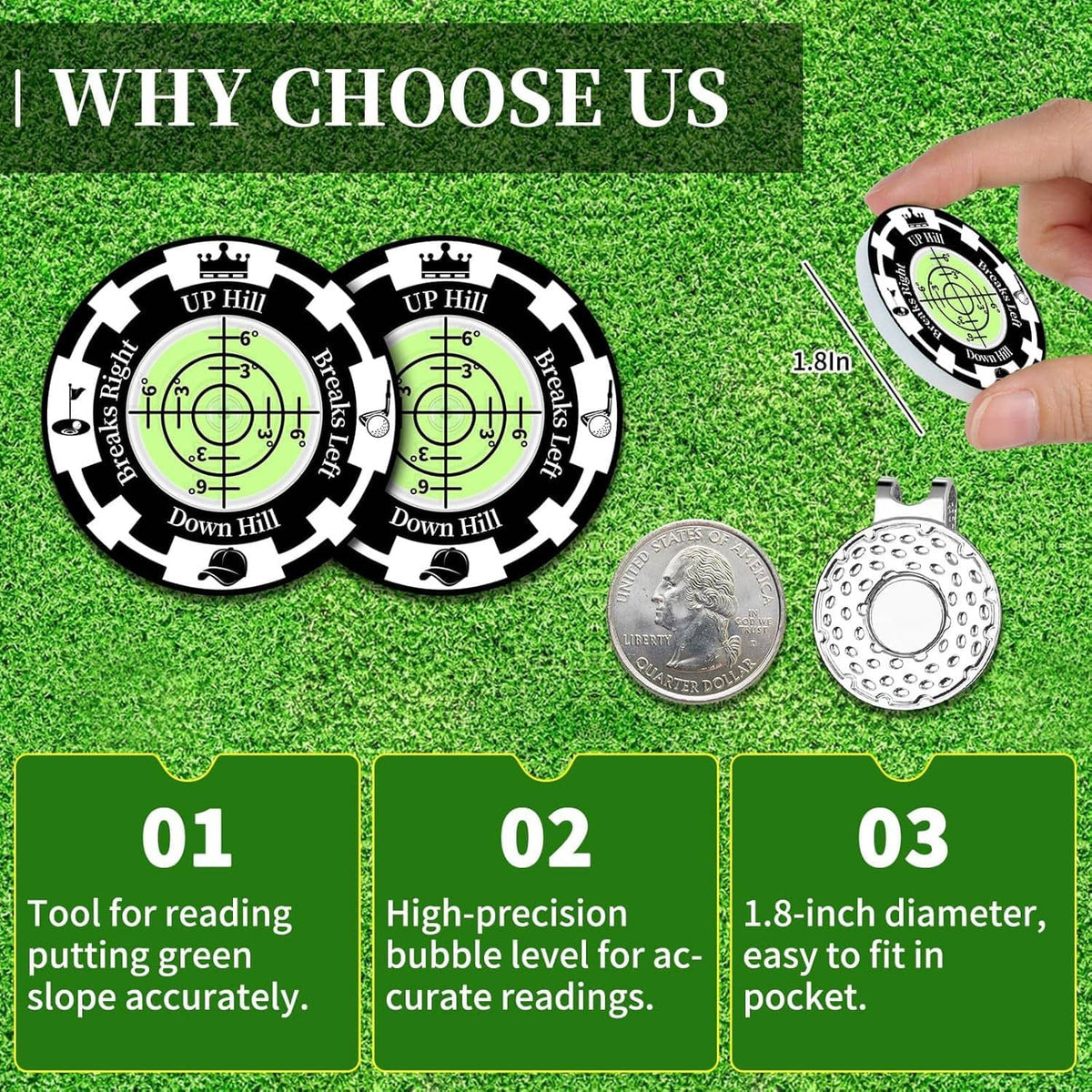 Two golf ball marker reader discs with green bubble levels and flip-up pin