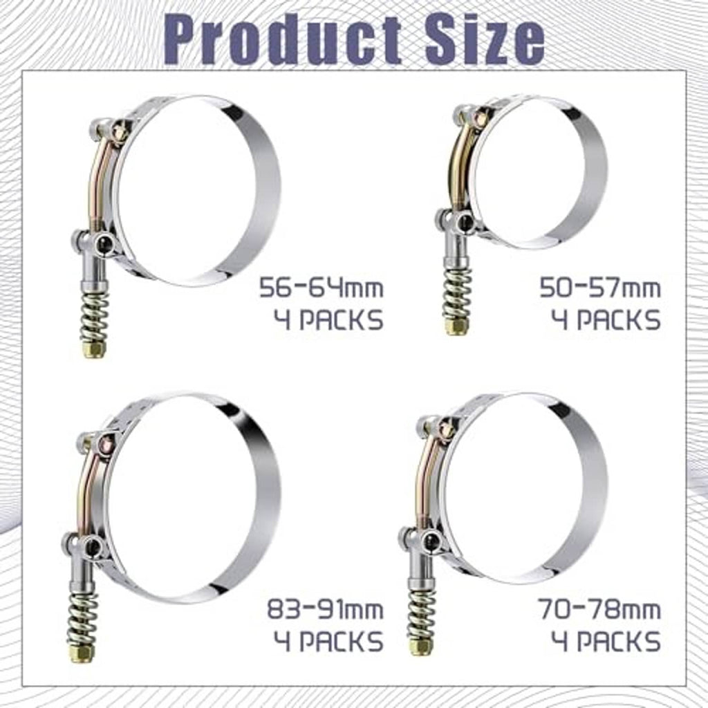 Assorted T-bolt hose clamp sizes shown: four size ranges with reinforcement springs