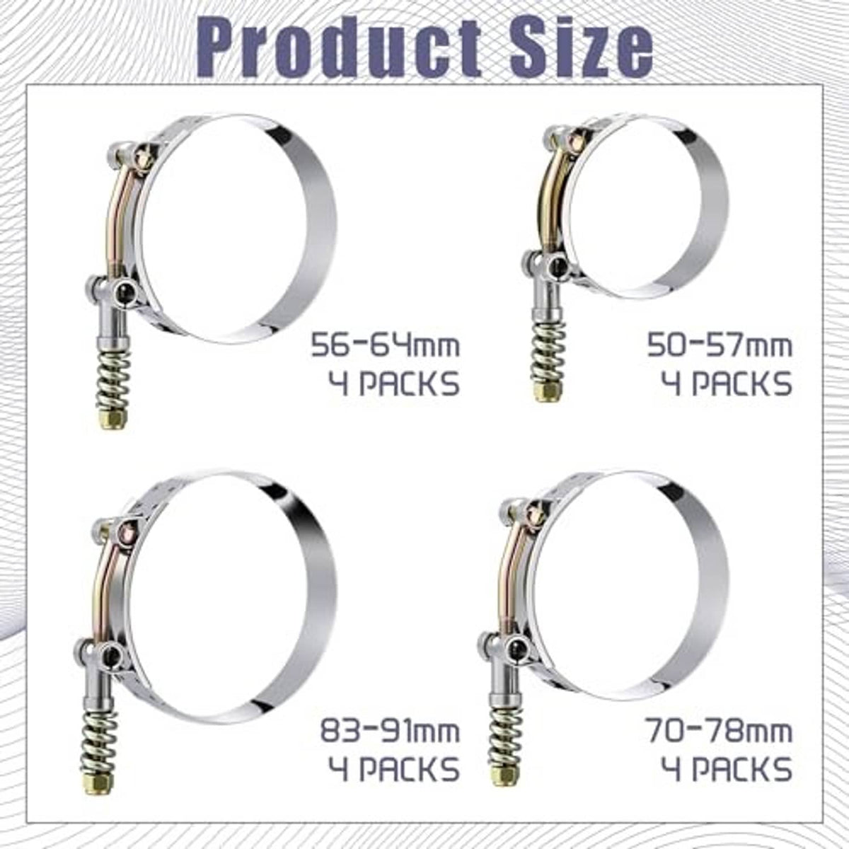 Assorted T-bolt hose clamp sizes shown: four size ranges with reinforcement springs