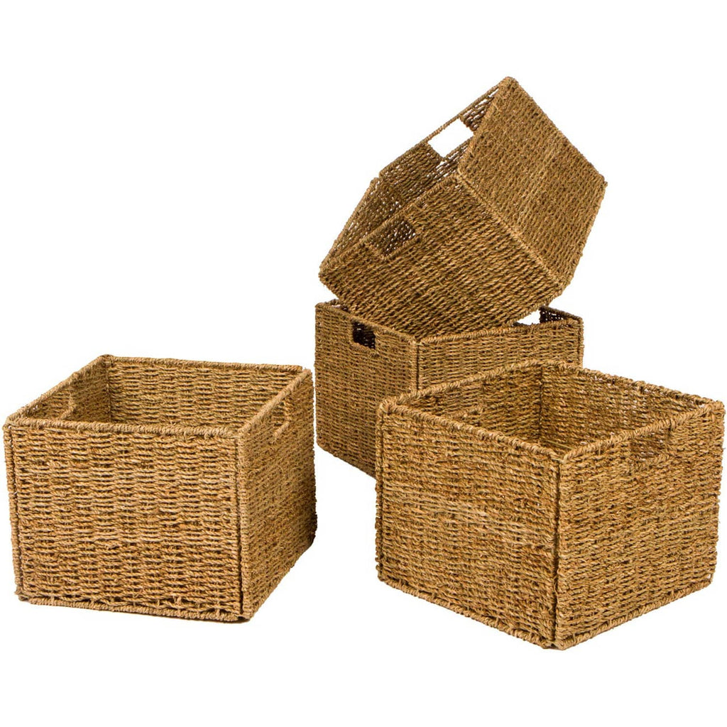 Foldable seagrass storage basket set with iron wire frame, one upright and two folded panels
