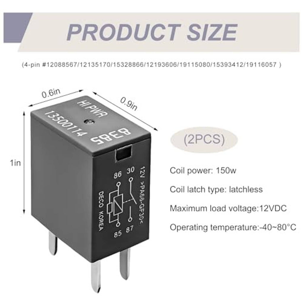 Relay product size chart showing gray module dimensions and 2PCS quantity