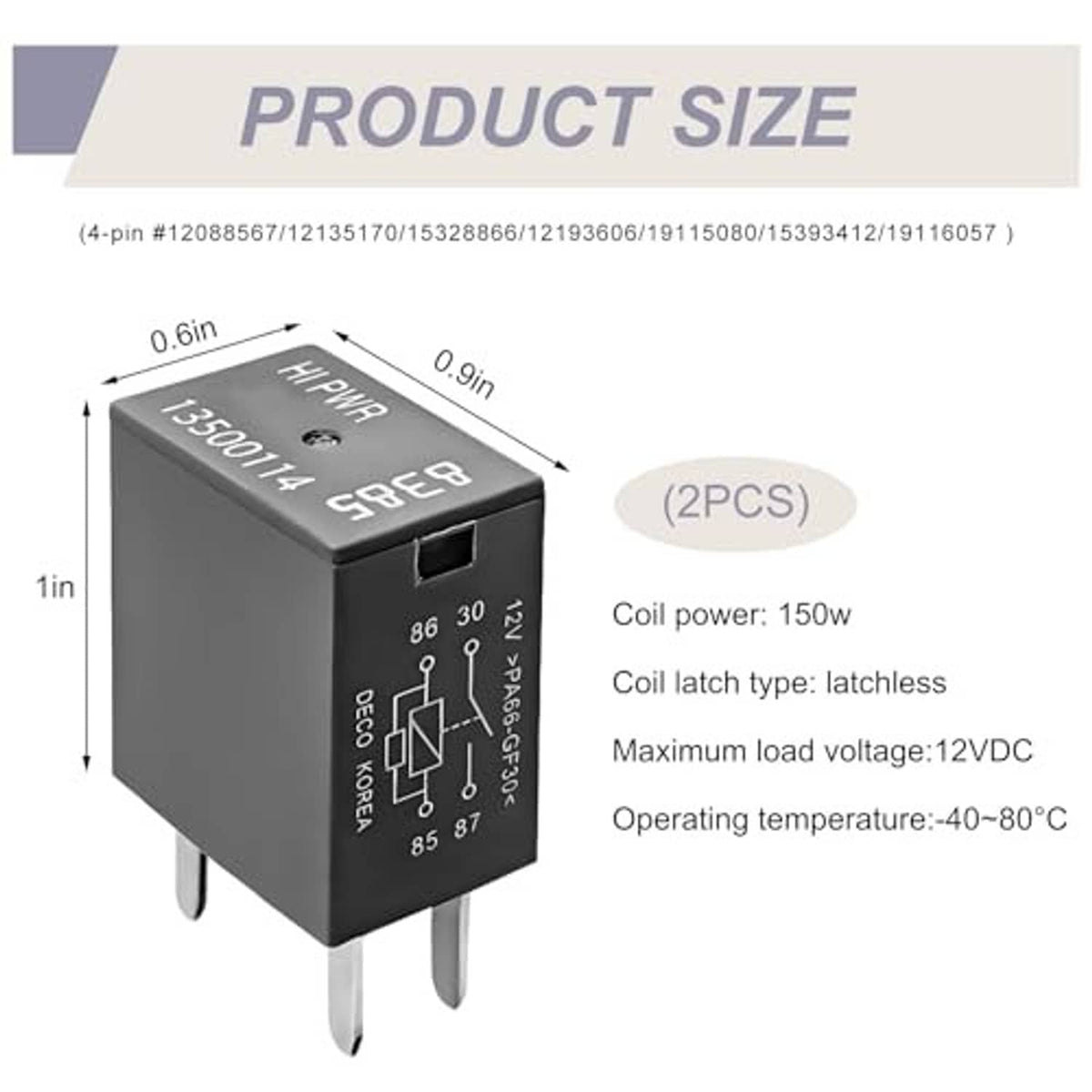 Relay product size chart showing gray module dimensions and 2PCS quantity