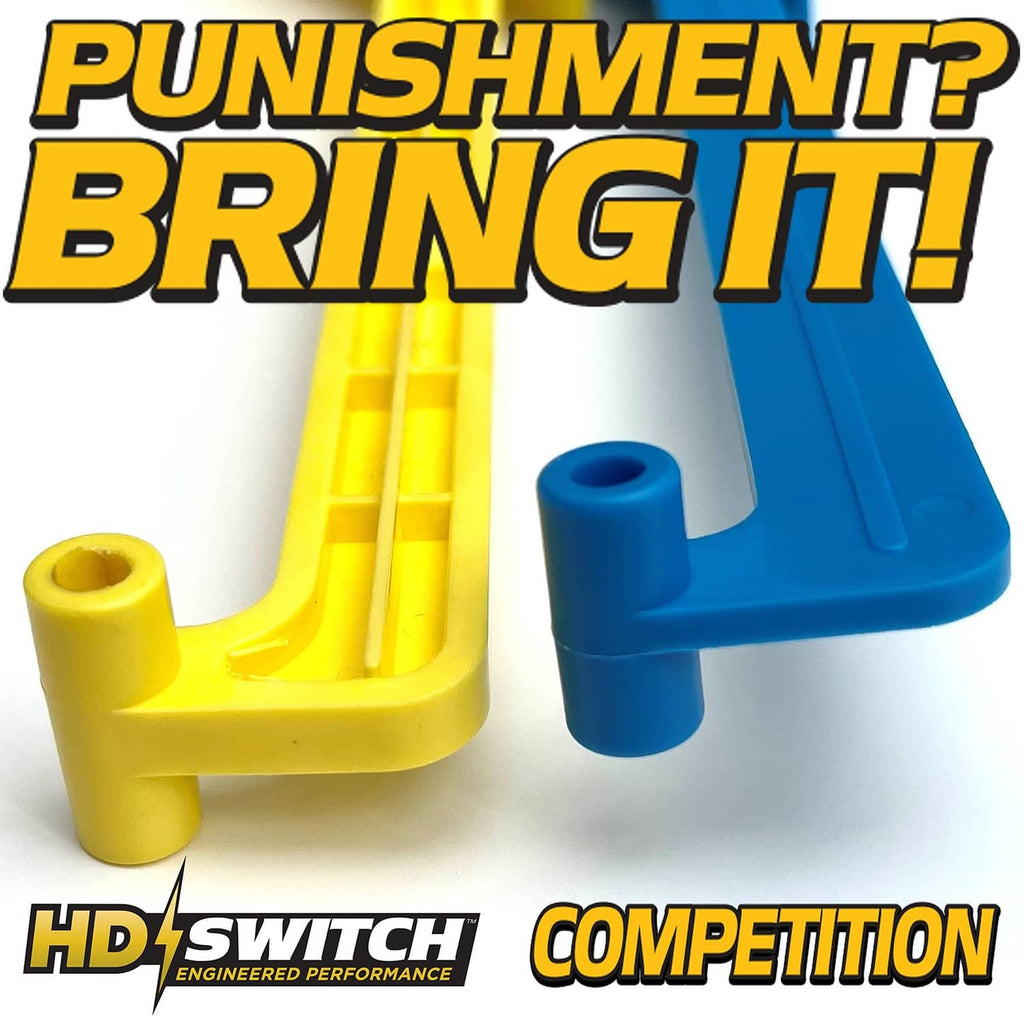 Yellow and blue stabilizer extension pieces with mounted posts and vertical stand