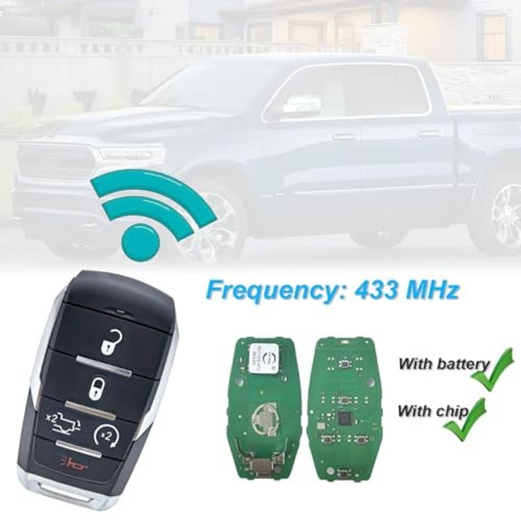Black key fob with circuit boards shown, frequency graphic and battery/chip indicators