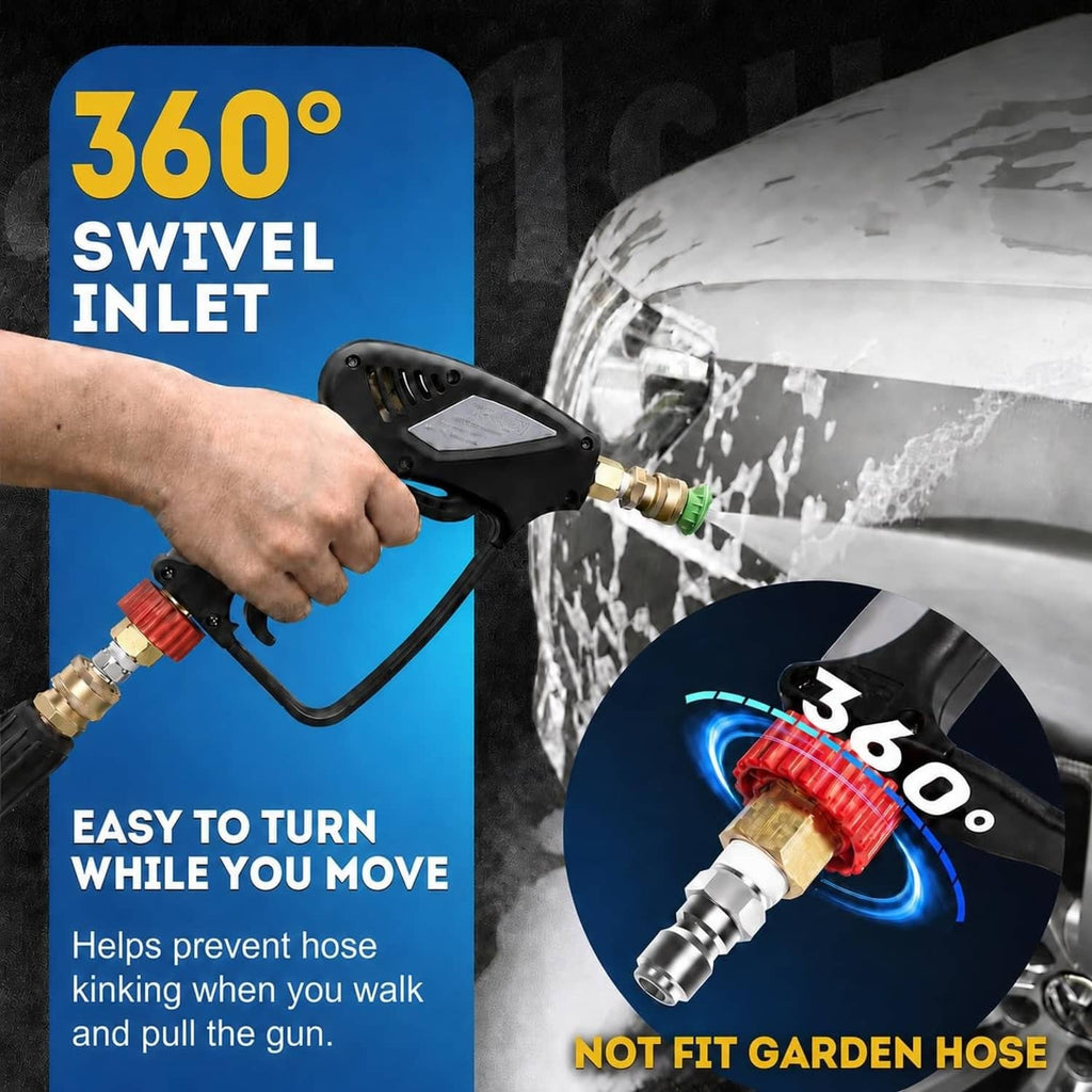 Handheld black pressure washer gun with brass inlet fitting and rotating 360° connector
