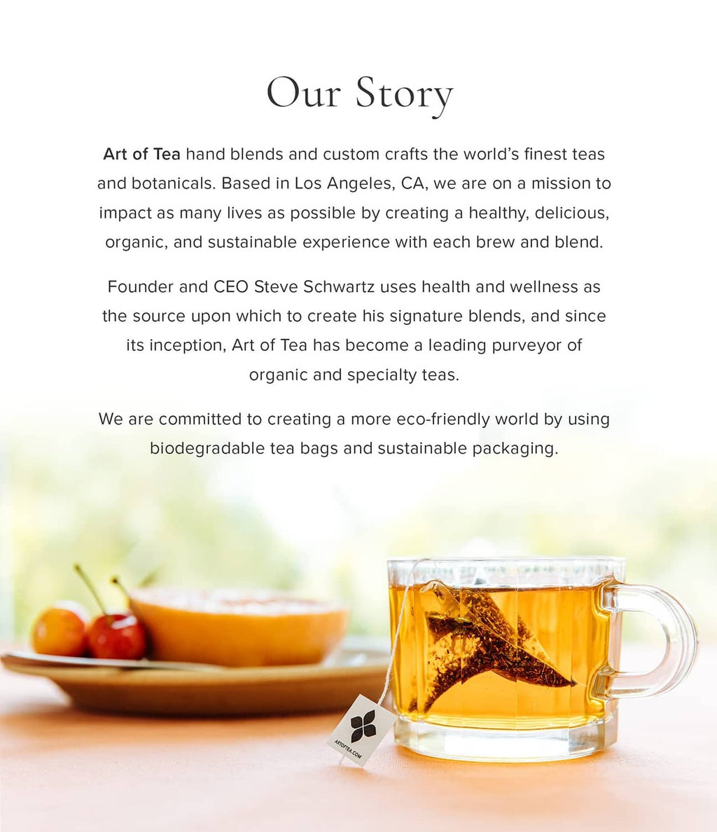 Our Story card with text and a glass cup of brewed tea with tea bag tag