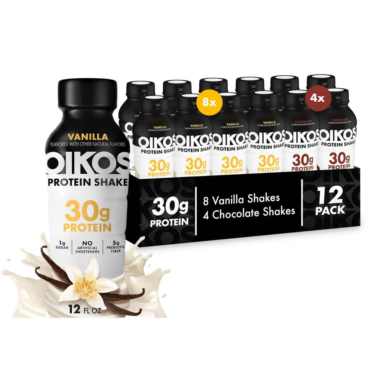 Oikos protein shake 12-pack variety bottles, 8 vanilla and 4 chocolate