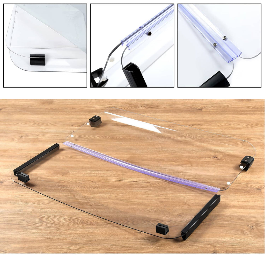 Clear folding golf cart windshield with black clamps and blue frame assembly