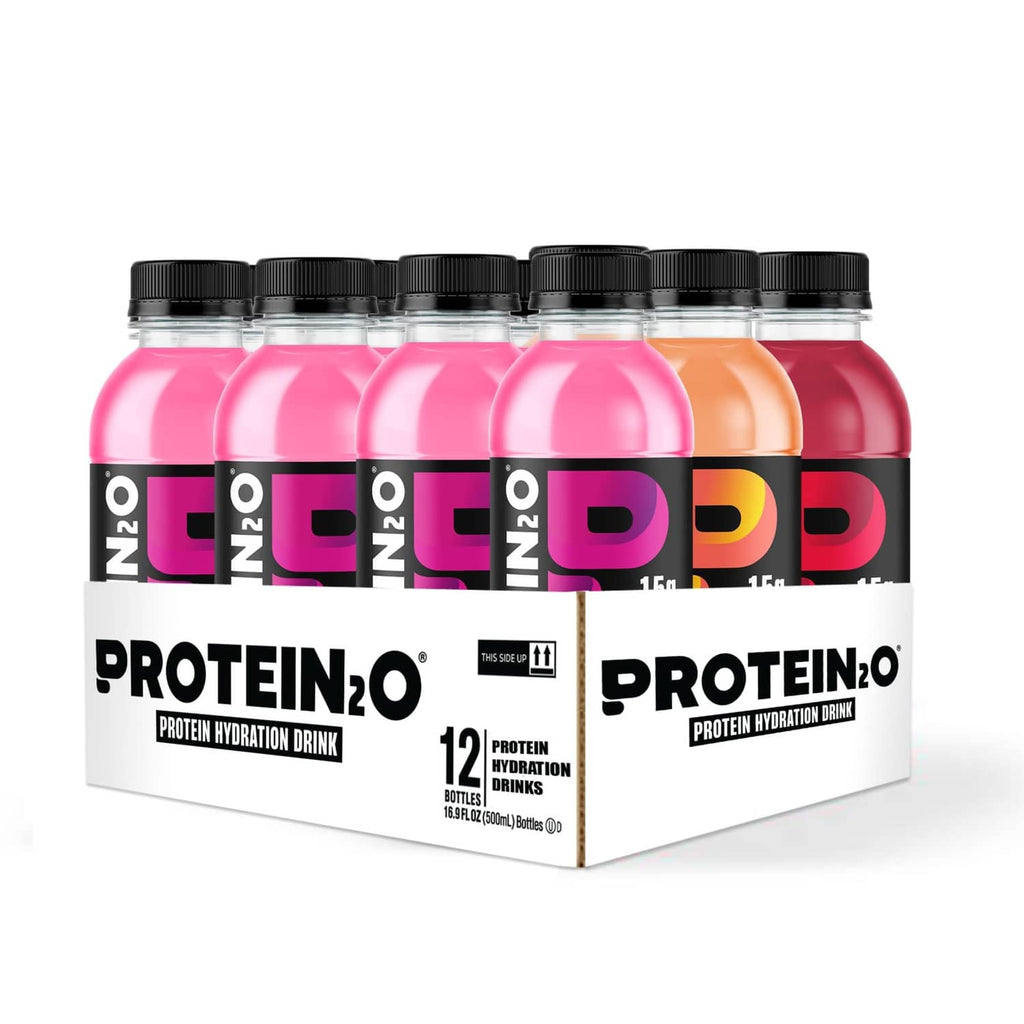 Protein hydration drink 12-pack carton with 12 bottles, pink and peach bottles
