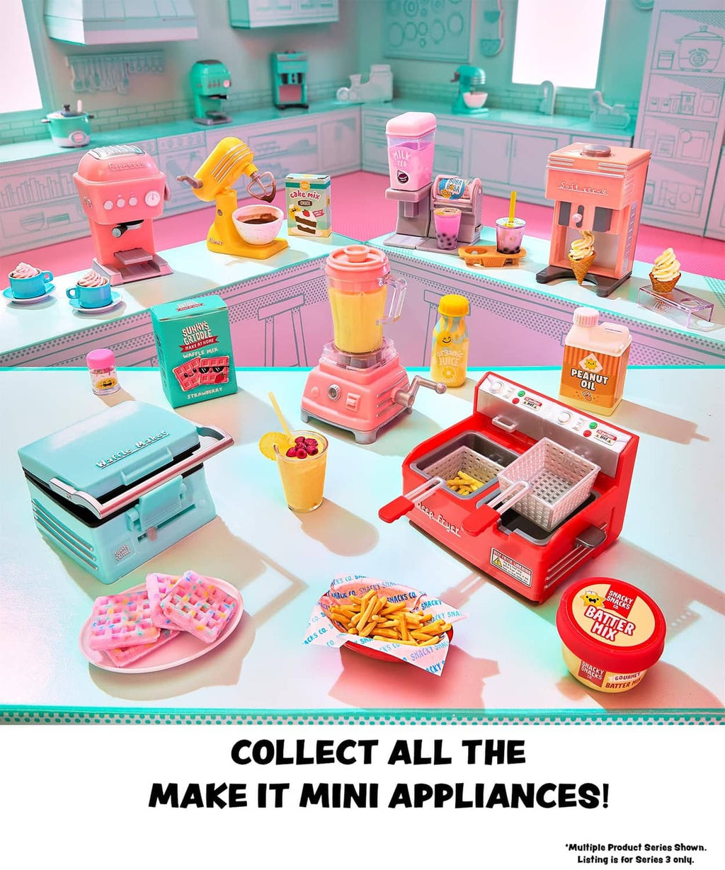 Mini kitchen appliance playset with multiple small machines and food accessories on tray