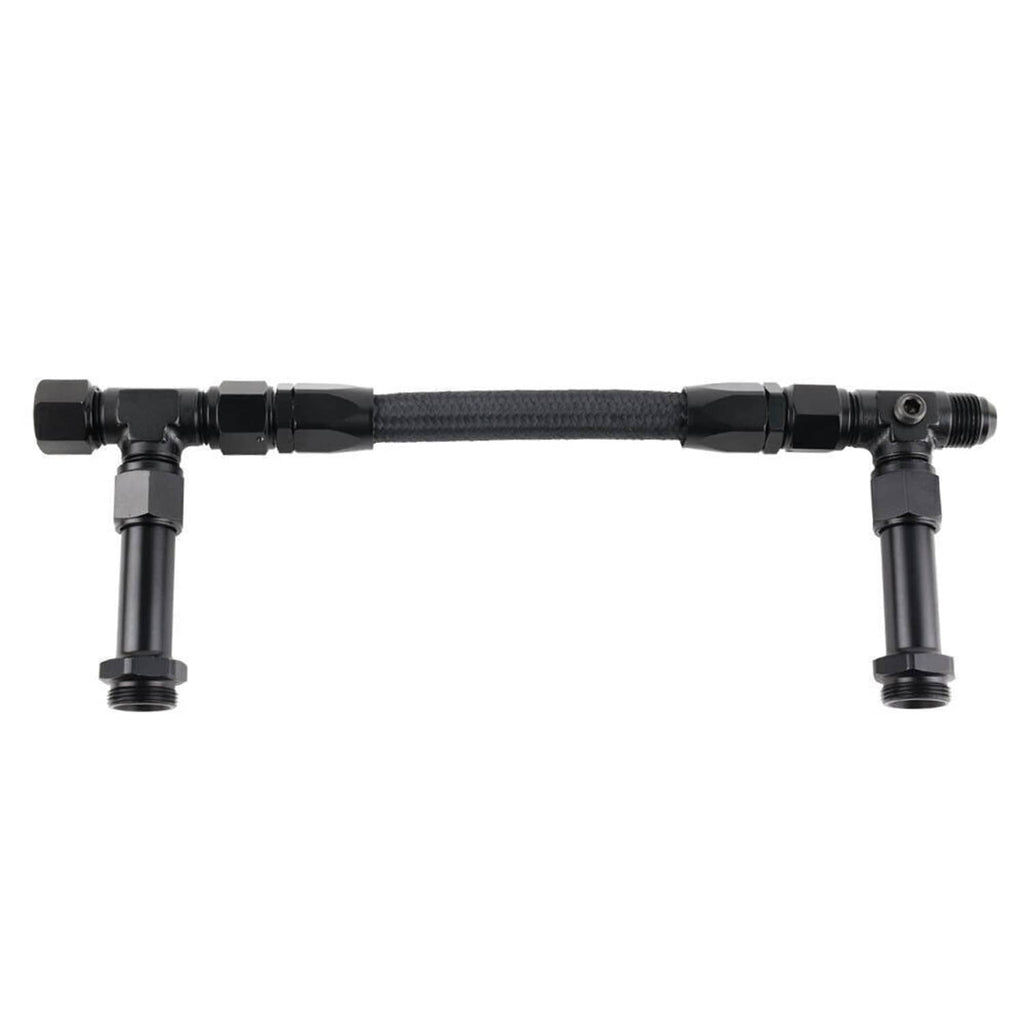 Dual feed braided fuel line with two vertical black end fittings, side view