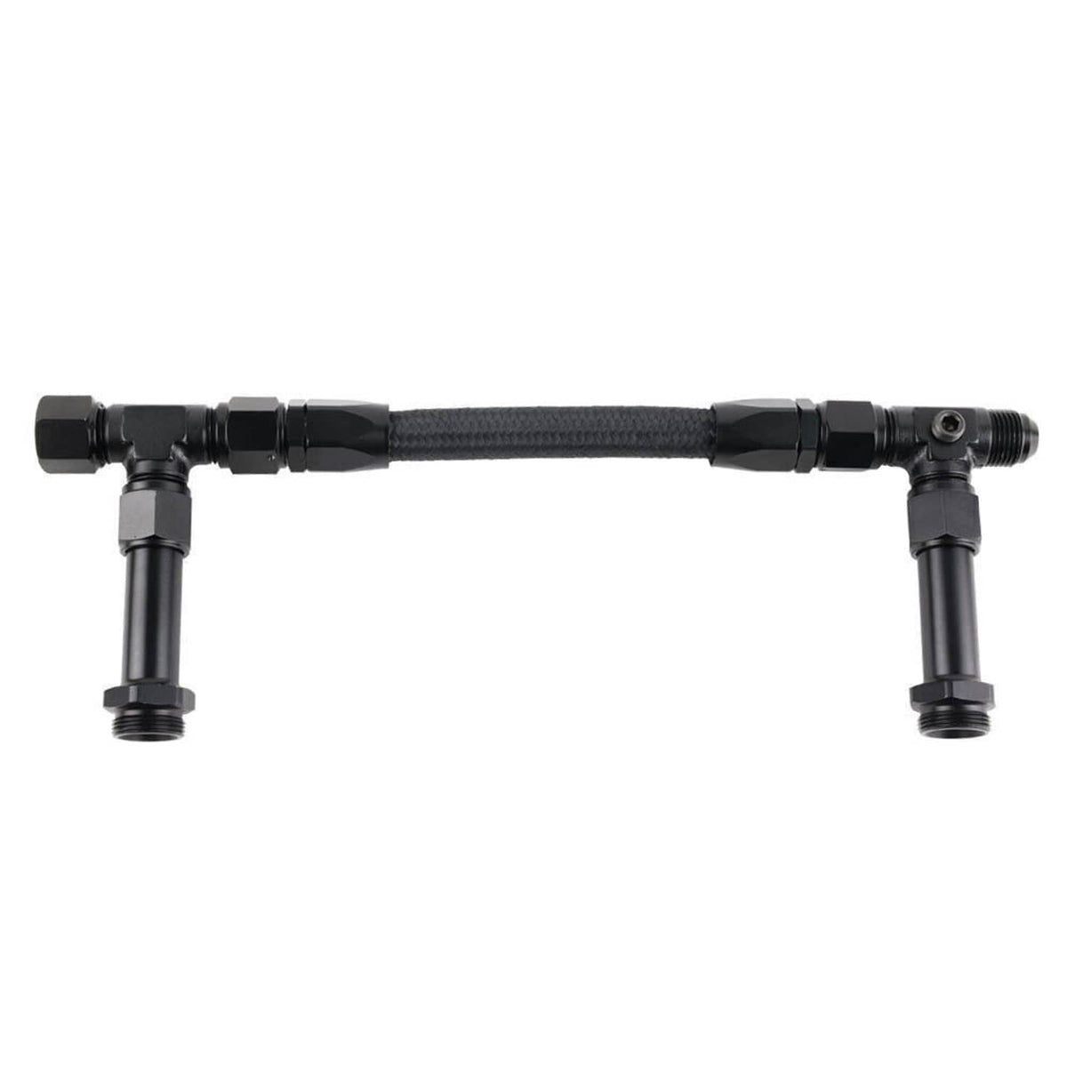 Dual feed braided fuel line with two vertical black end fittings, side view