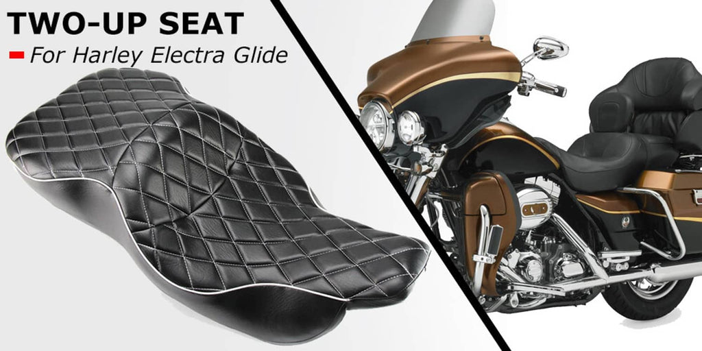 Black two-up motorcycle seat with diamond quilting and stitched side contours