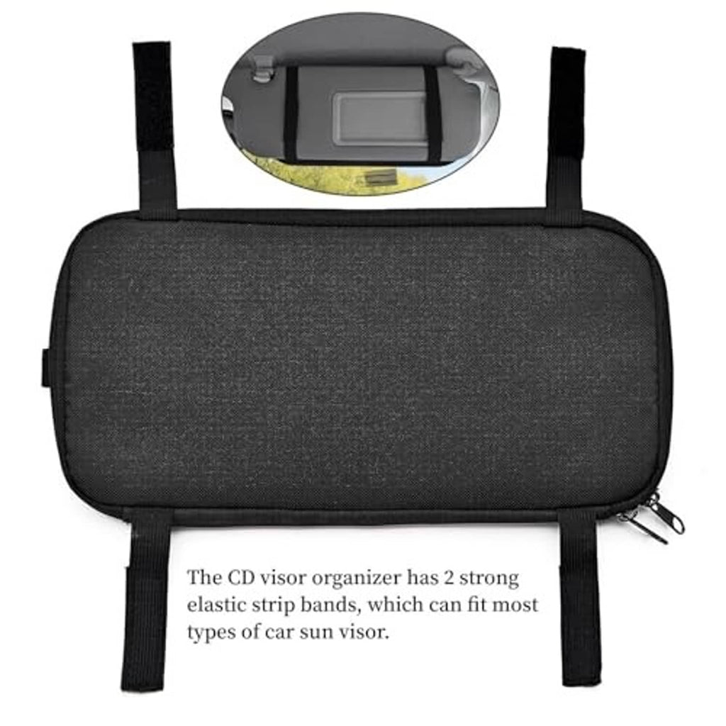 Black CD visor organizer with two strong elastic strap bands for mounting on a car visor