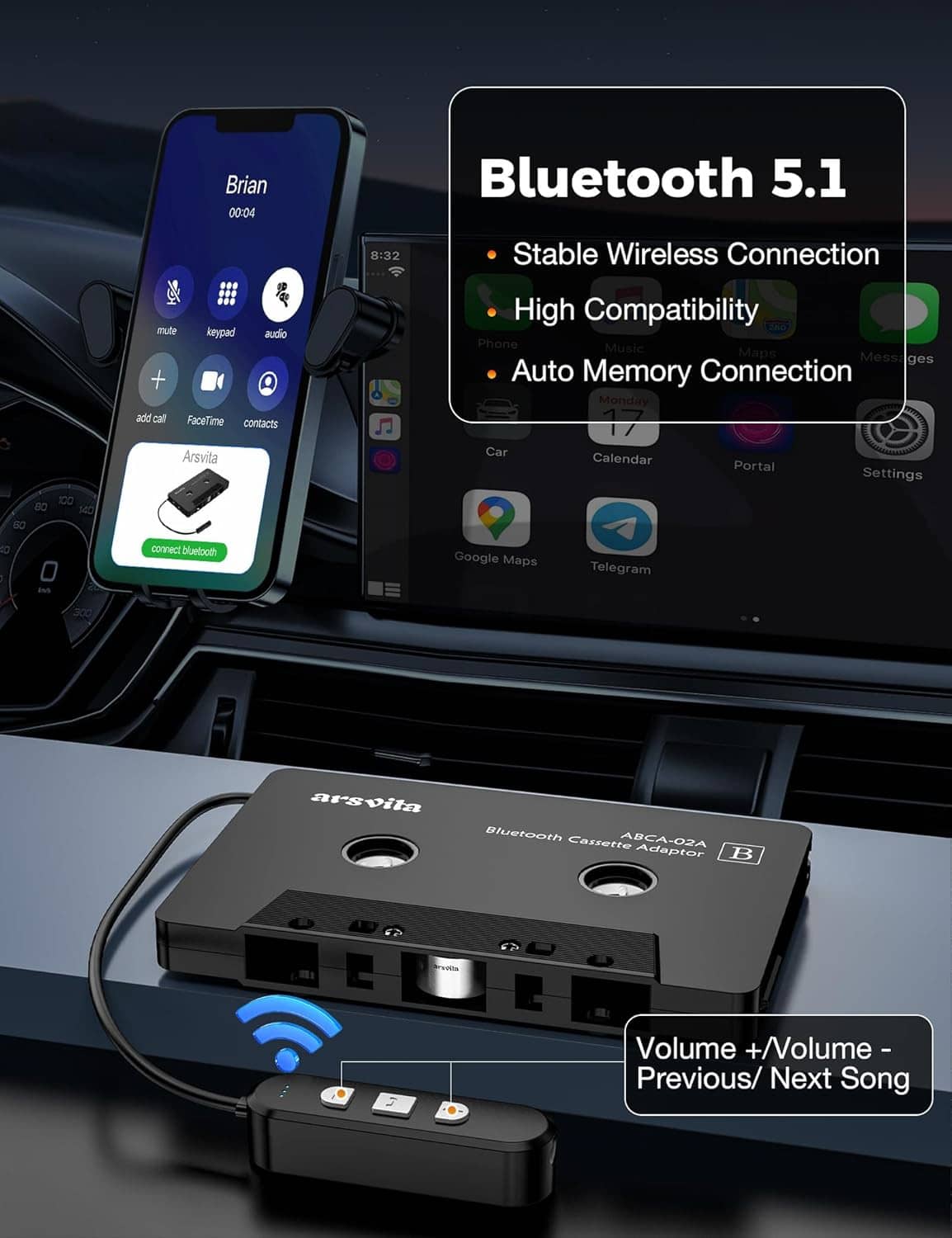 Black Bluetooth 5.1 cassette adapter with built-in ports and LED indicator