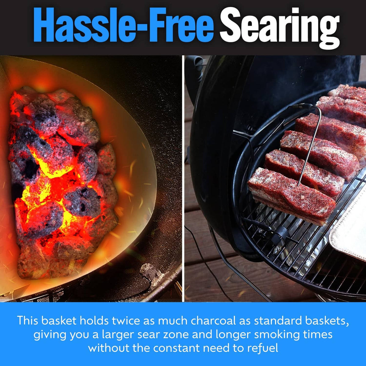 Charcoal basket on grill holding sliced meat over glowing coals