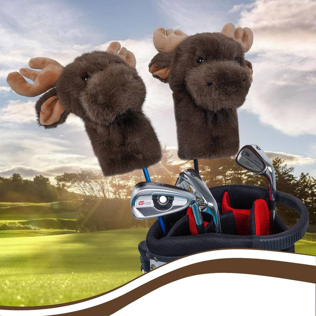 Pair of brown moose plush golf driver headcovers with antlers on a golf bag