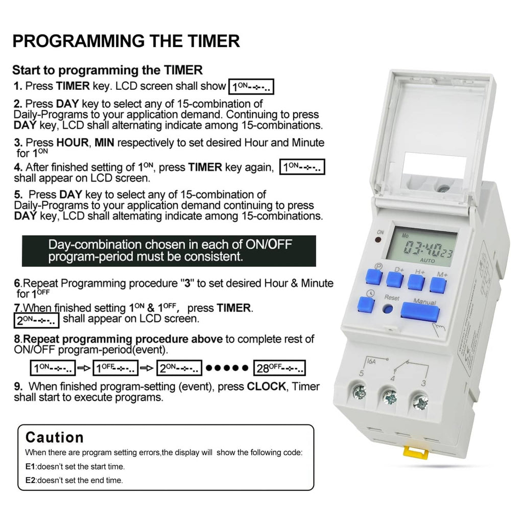 Digital weekly programmable timer switch relay with open front, LCD screen and blue control buttons