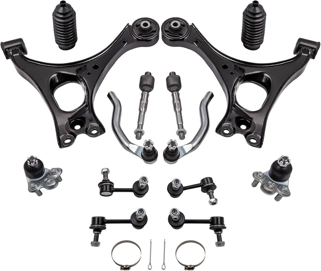 Complete front lower suspension control arm set with tie rods, links, boots, and joints