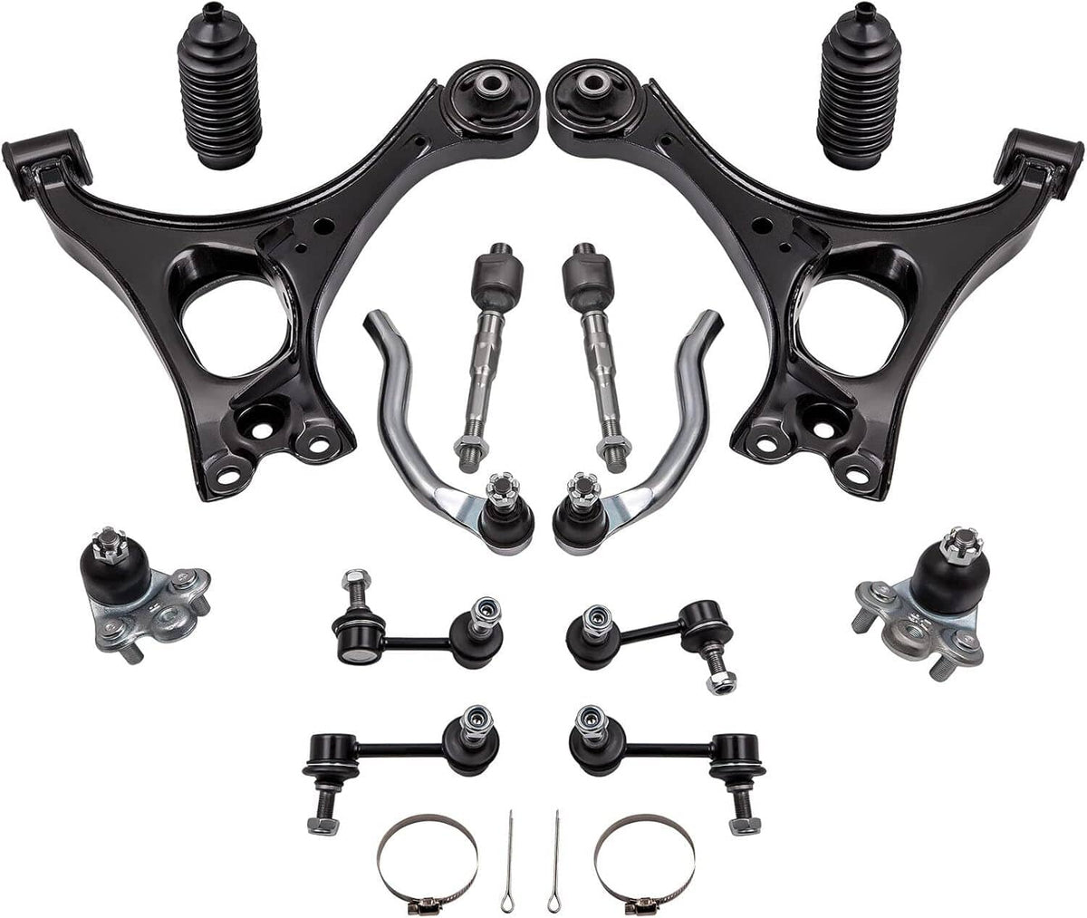 Complete front lower suspension control arm set with tie rods, links, boots, and joints