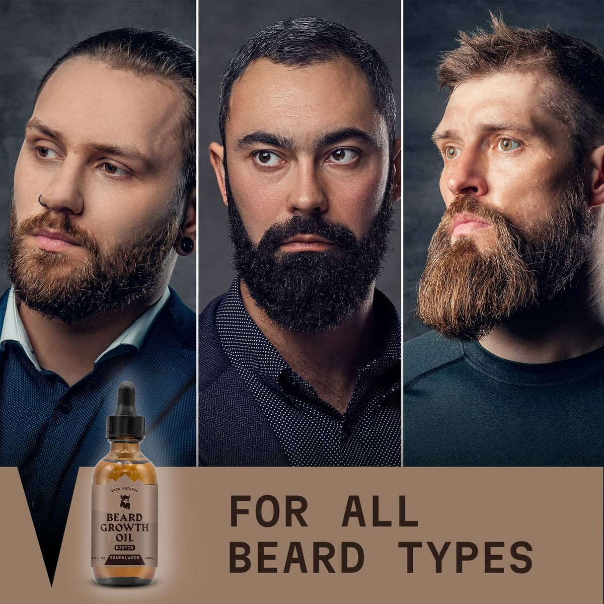 Beard growth oil bottle and three men showing different beard styles