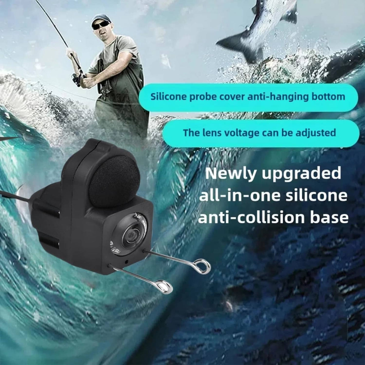 Black underwater camera probe with silicone cover and anti-collision base, wired