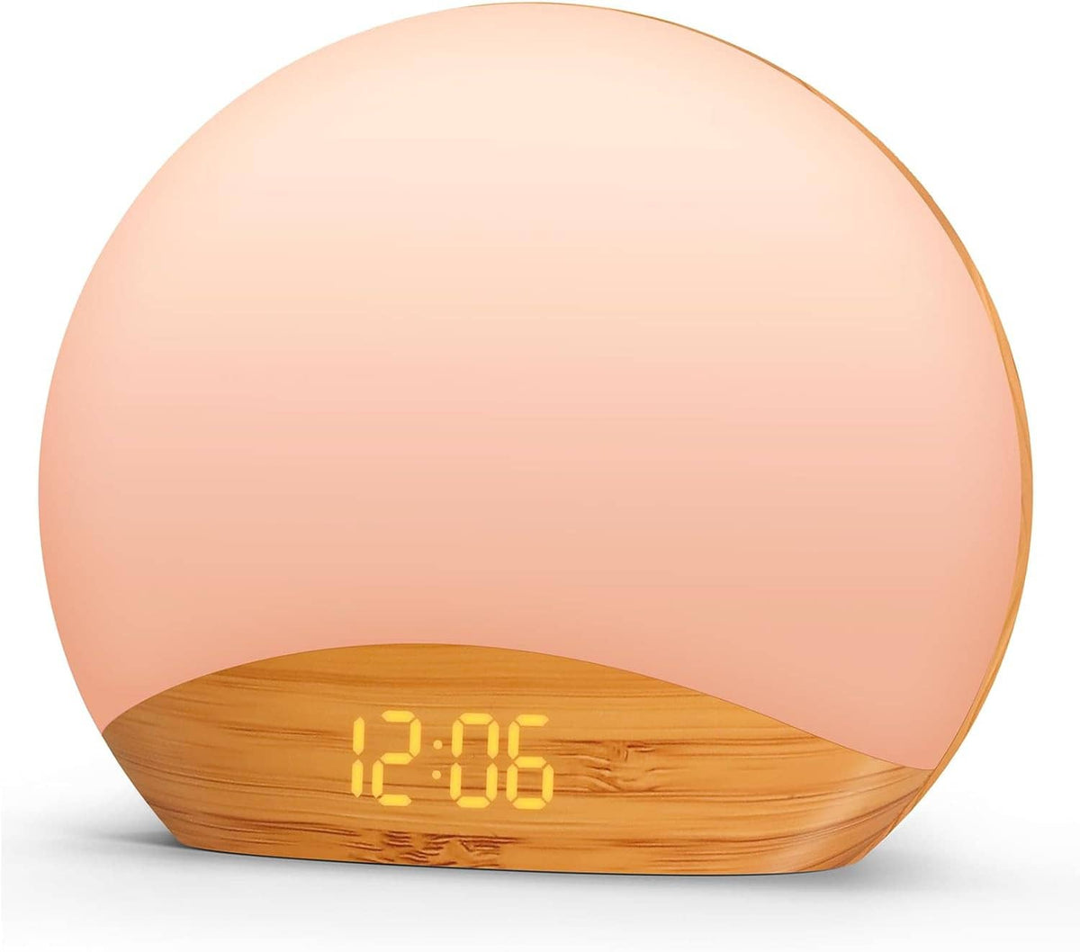 Sunrise alarm clock with wood base, glowing oval light and digital 12:08 display