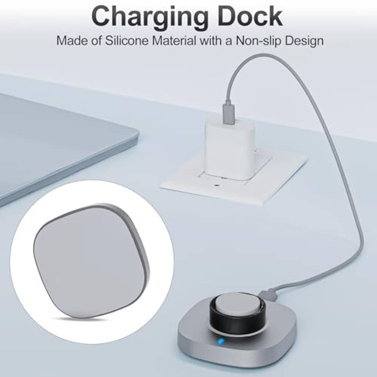 Gray charging dock with black cradle and non-slip silicone design, USB-C cable