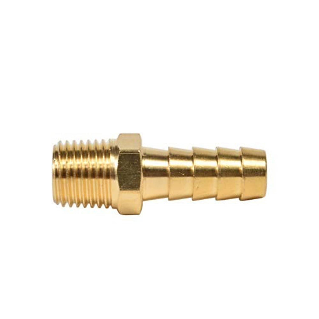 Brass hose barb adapter fitting close-up with barbed end and male NPT threads