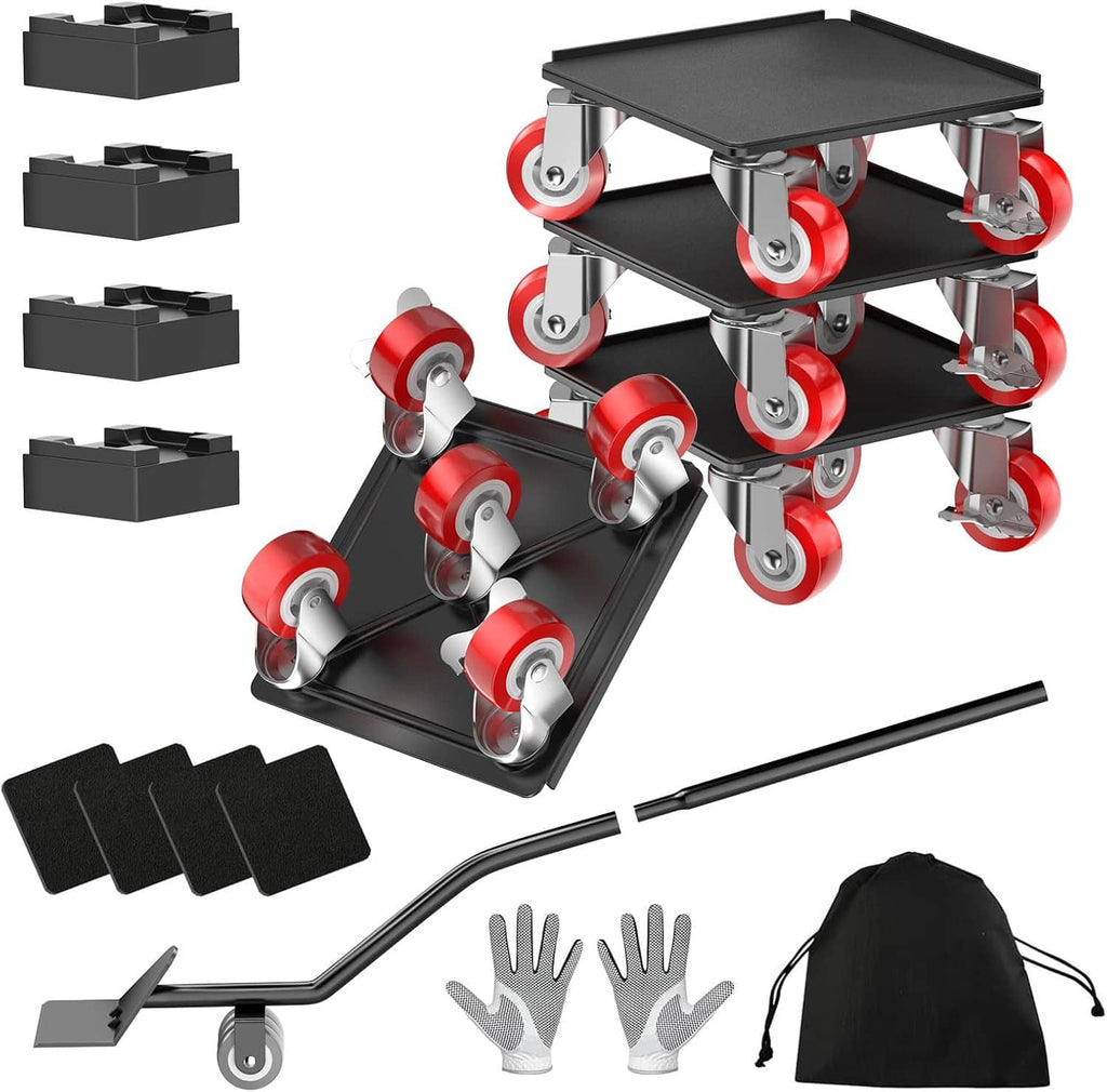 Heavy duty furniture dolly with black platform, red swivel casters, gloves and carry bag