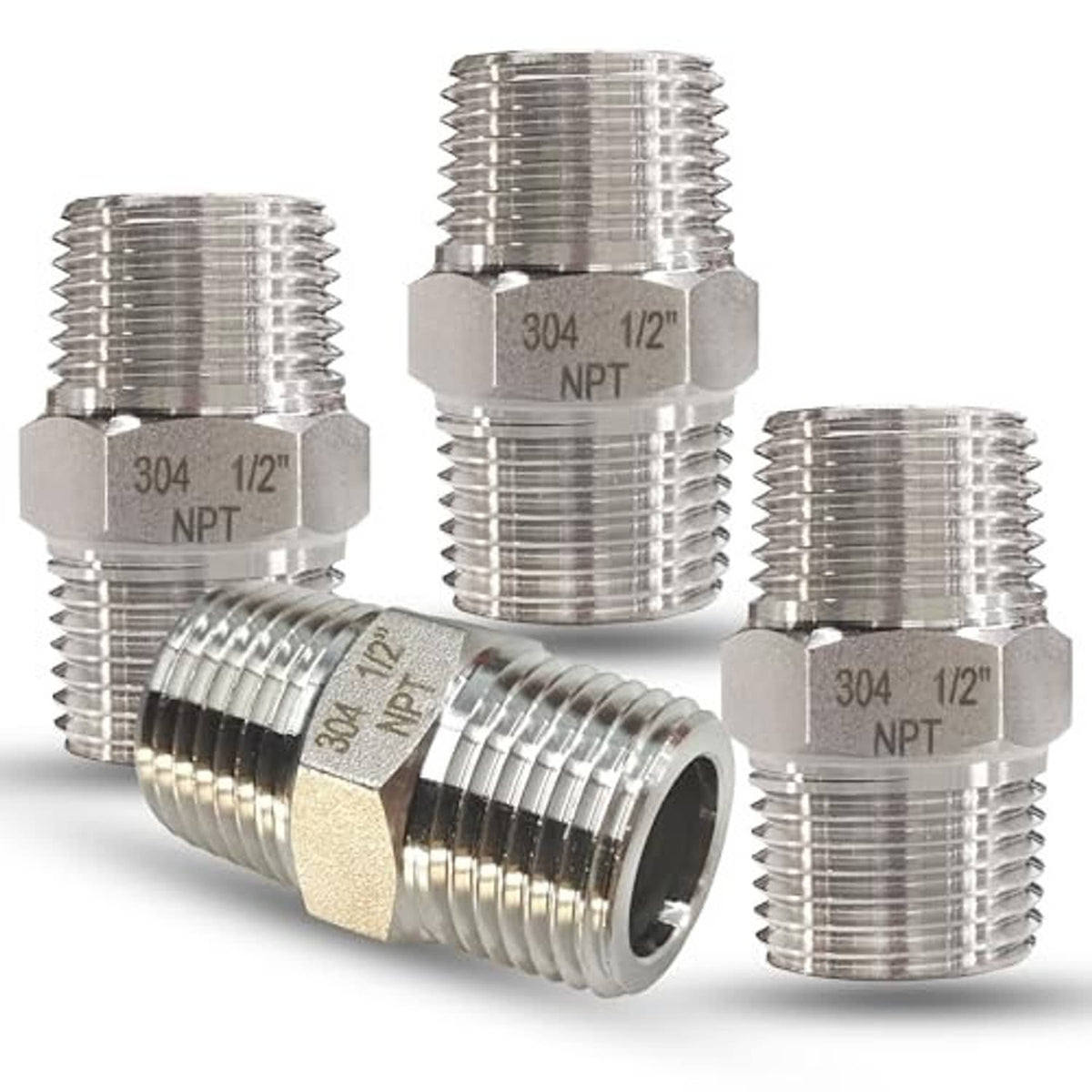 304 stainless steel 1/2 in NPT male hex nipple pipe fittings, silver set of four