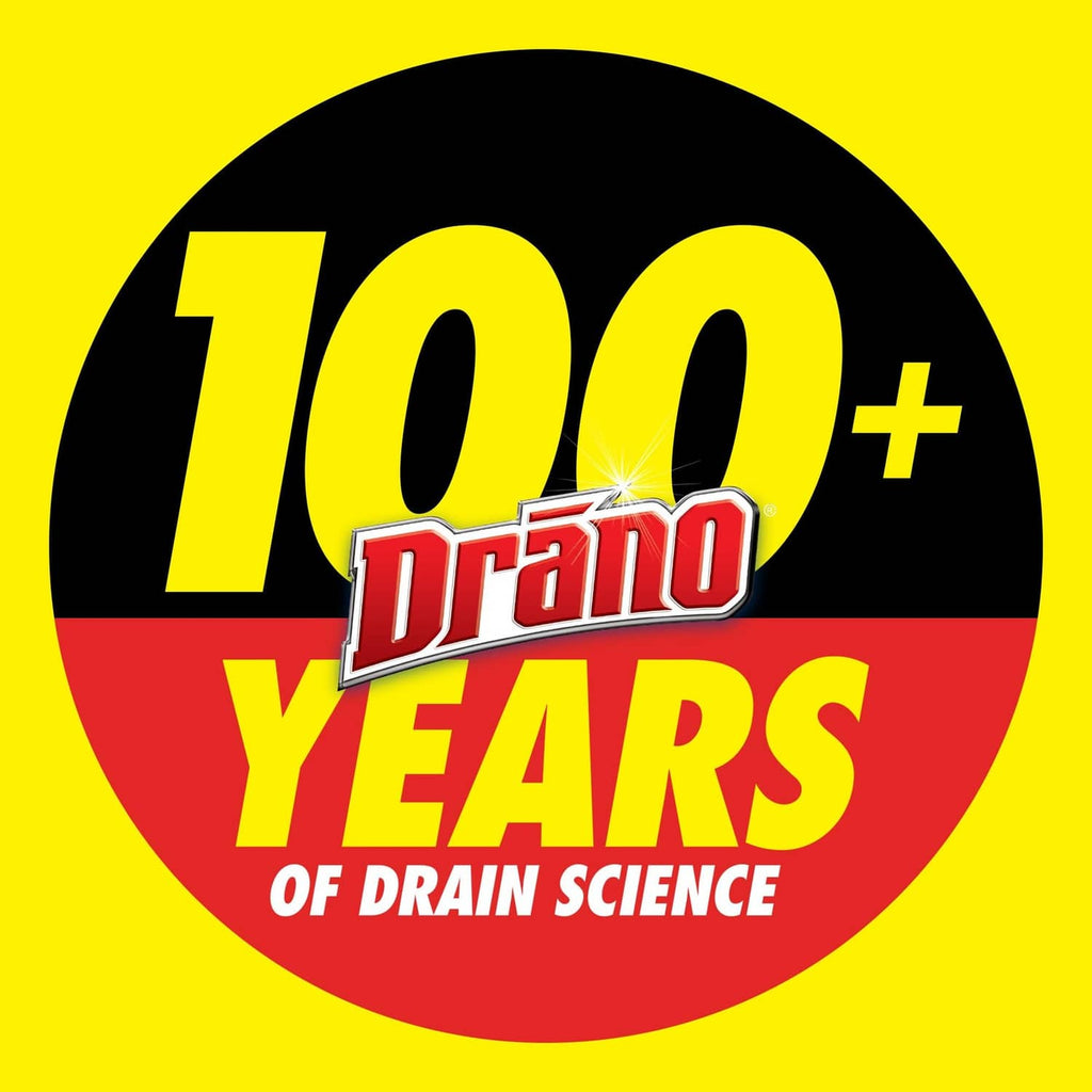 Drain clog remover granules “100+ years” badge graphic