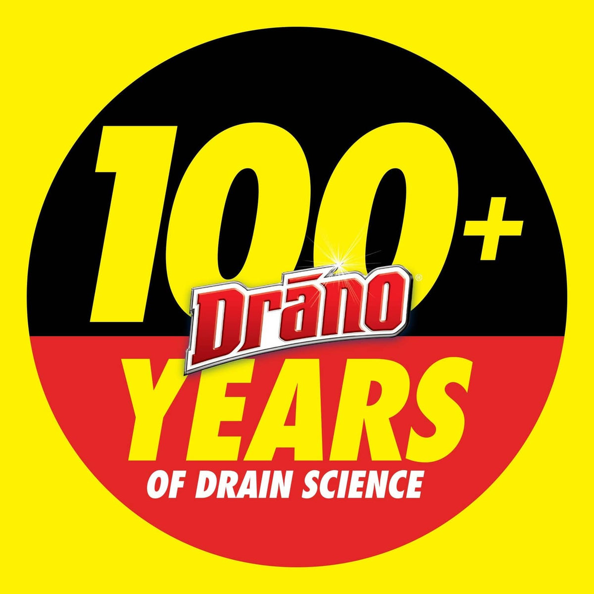 Drain clog remover granules “100+ years” badge graphic