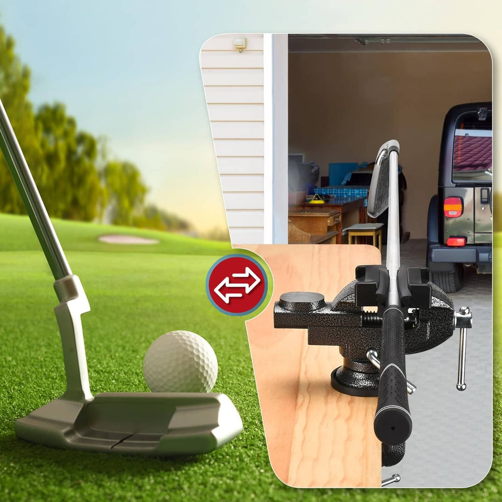 Portable grip vise kit clamped on a wooden board, with club and accessories
