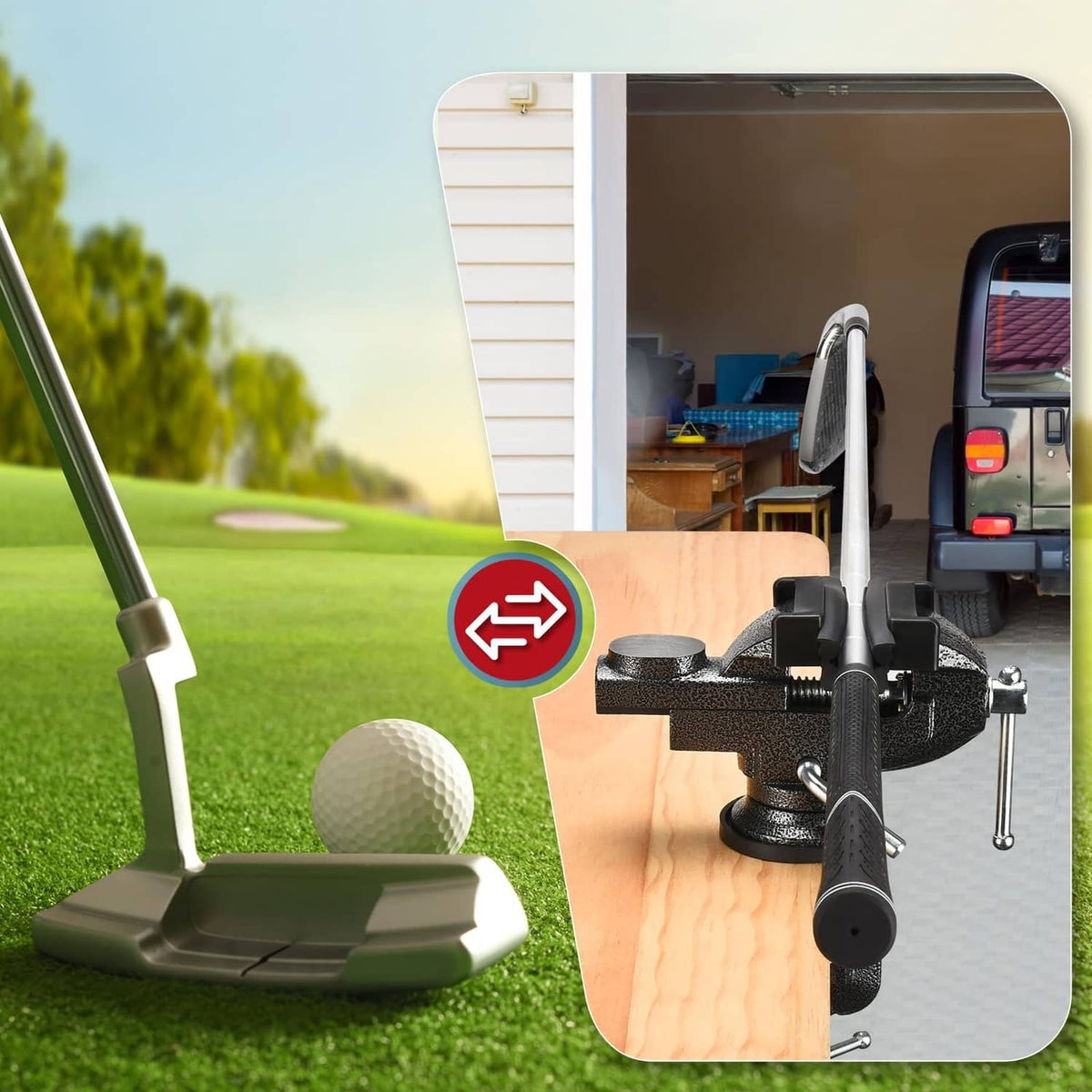 Portable grip vise kit clamped on a wooden board, with club and accessories