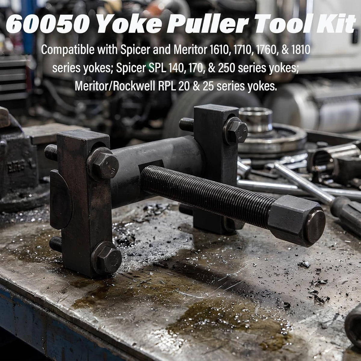 Truck yoke puller tool kit on workbench with clamp bars and long threaded rod