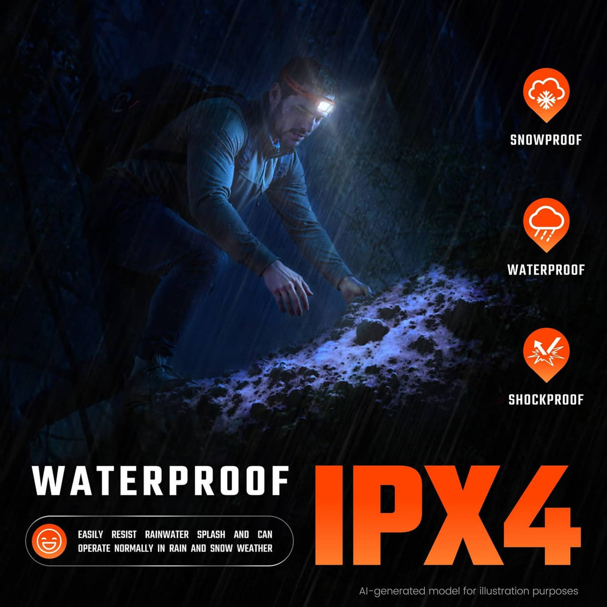 Waterproof orange LED headlamp worn by a person outdoors with forehead-mounted light