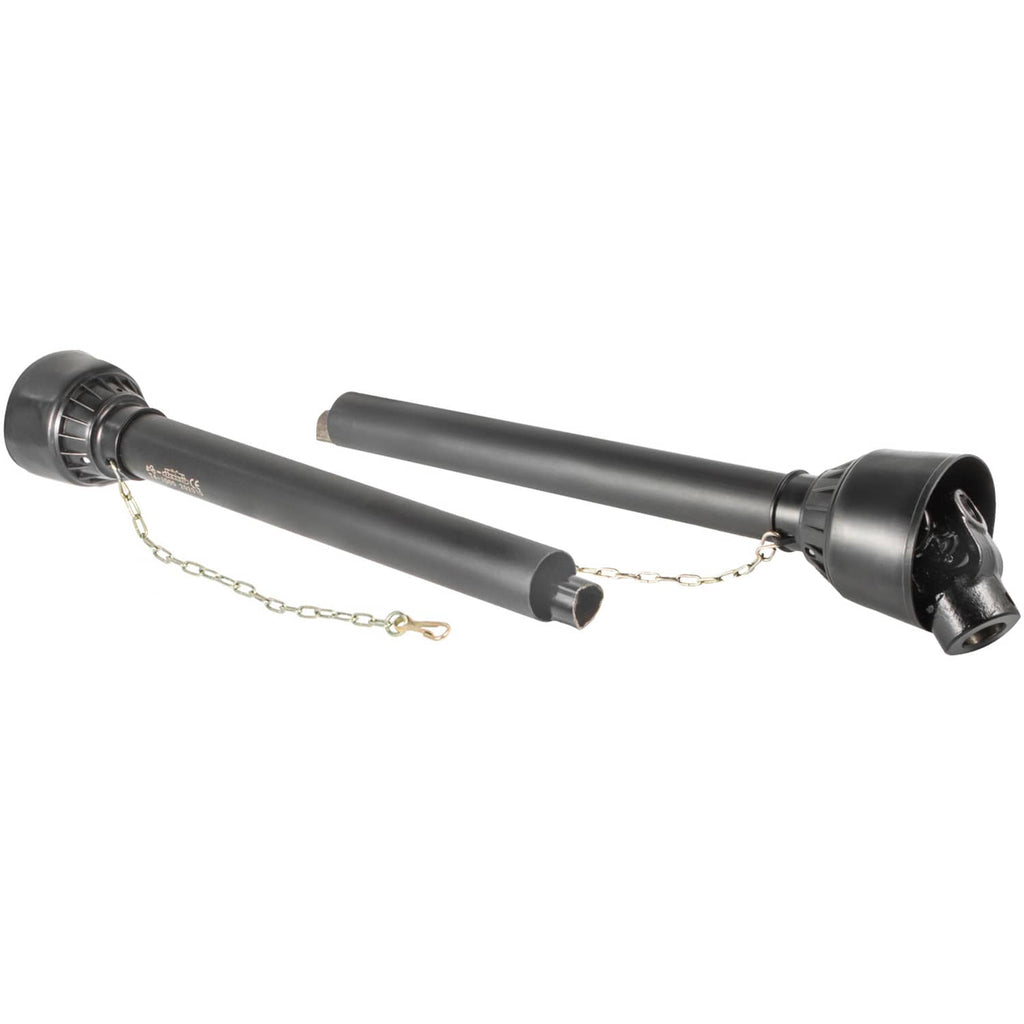 PTO drive shaft with splined ends, telescoping tube and protective chain, black