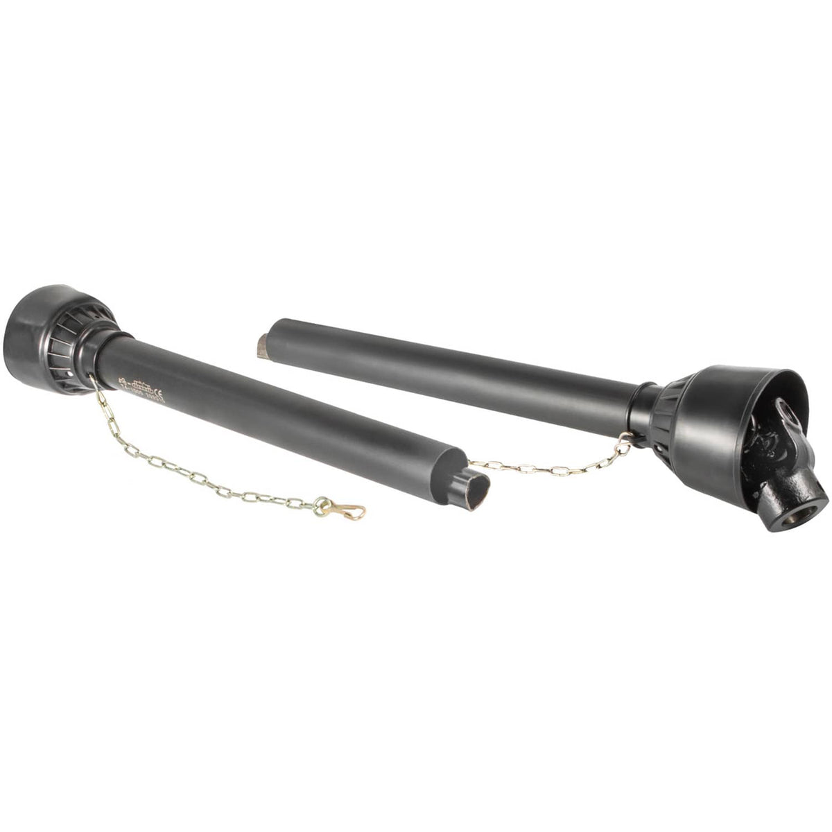 PTO drive shaft with splined ends, telescoping tube and protective chain, black