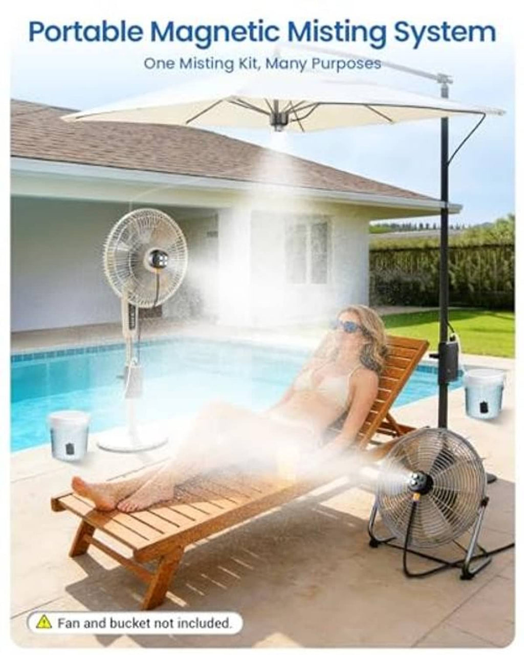 Portable magnetic misting kit with pump, mist nozzles, and mounting fan setup for cooling