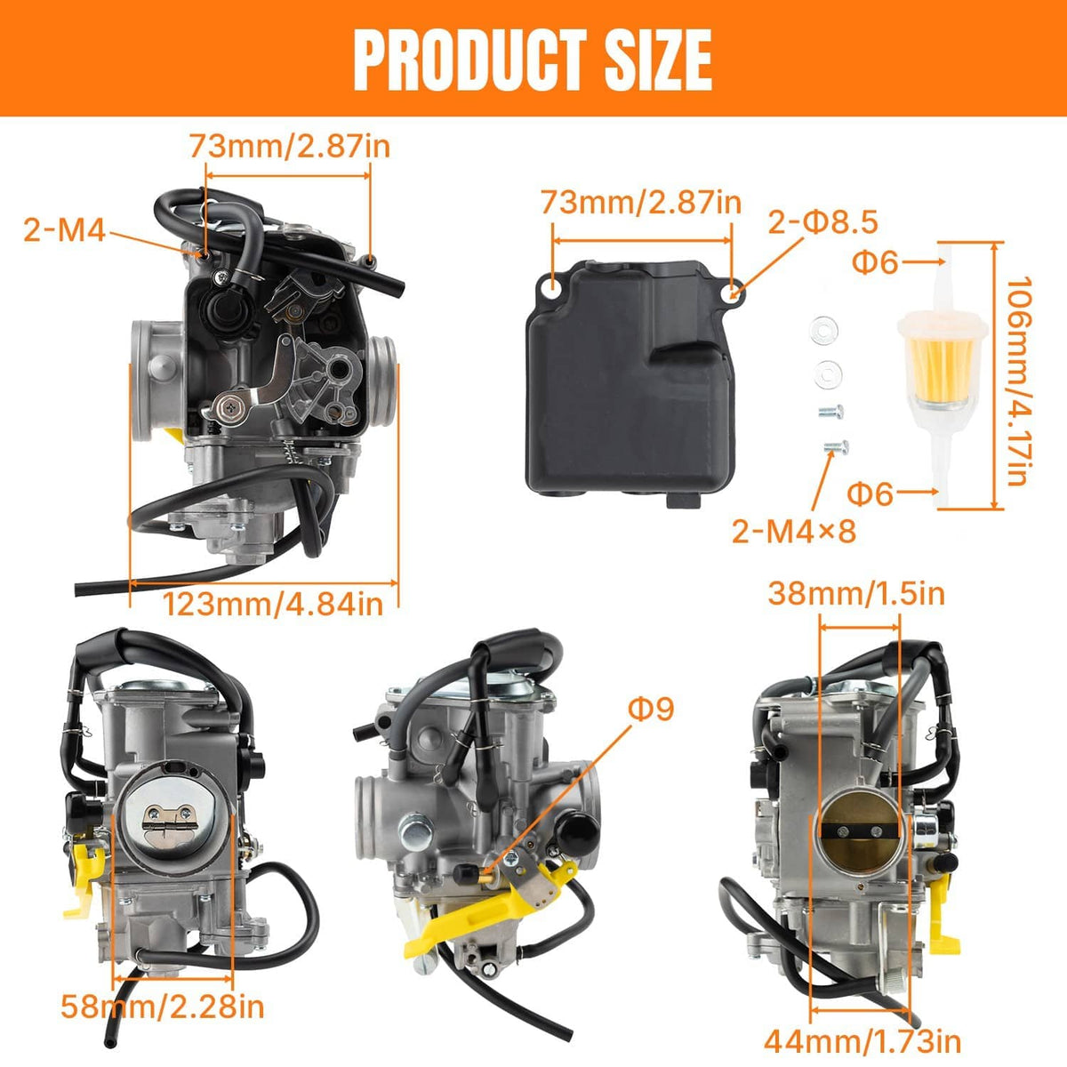 Carburetor carb assembly size diagram with fuel filter and black air box