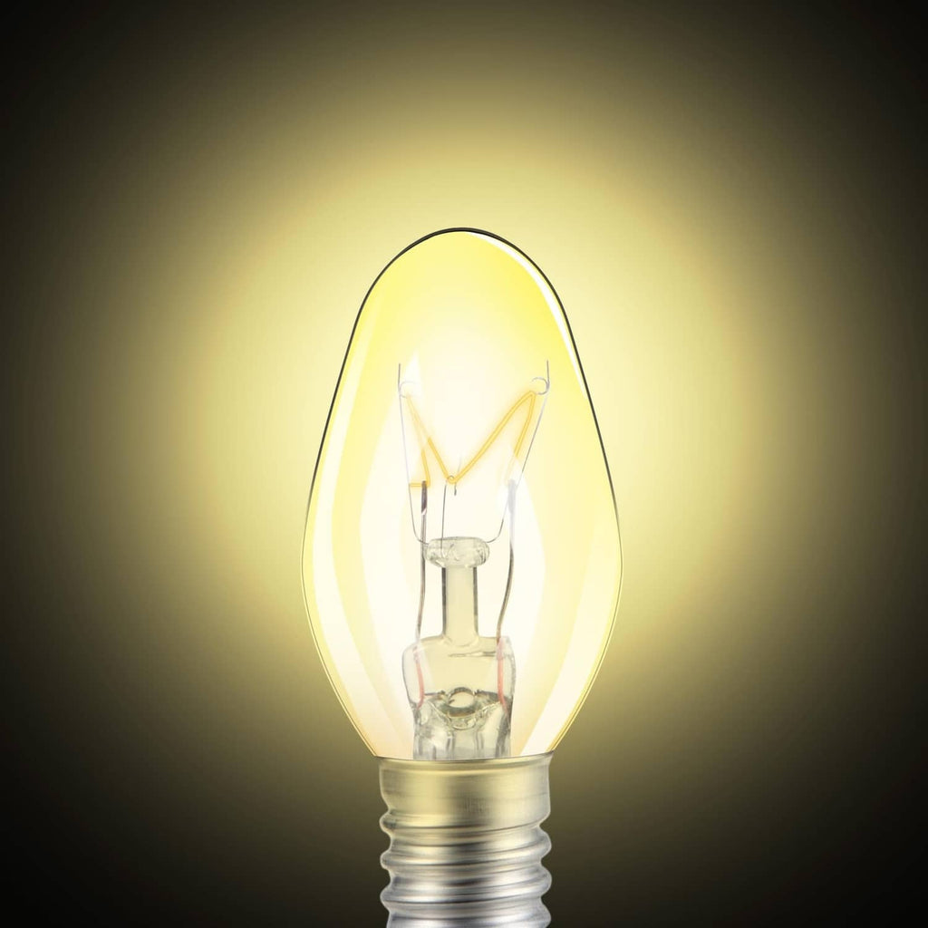 Lit E12 replacement bulb with clear glass and metal screw base, amber filament glow