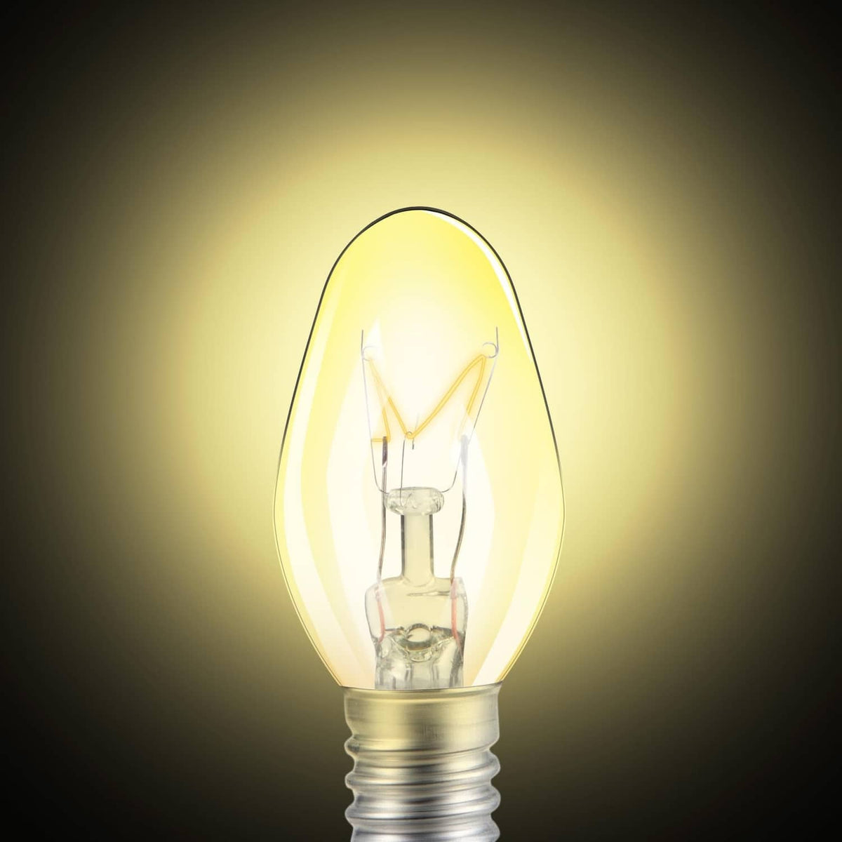Lit E12 replacement bulb with clear glass and metal screw base, amber filament glow