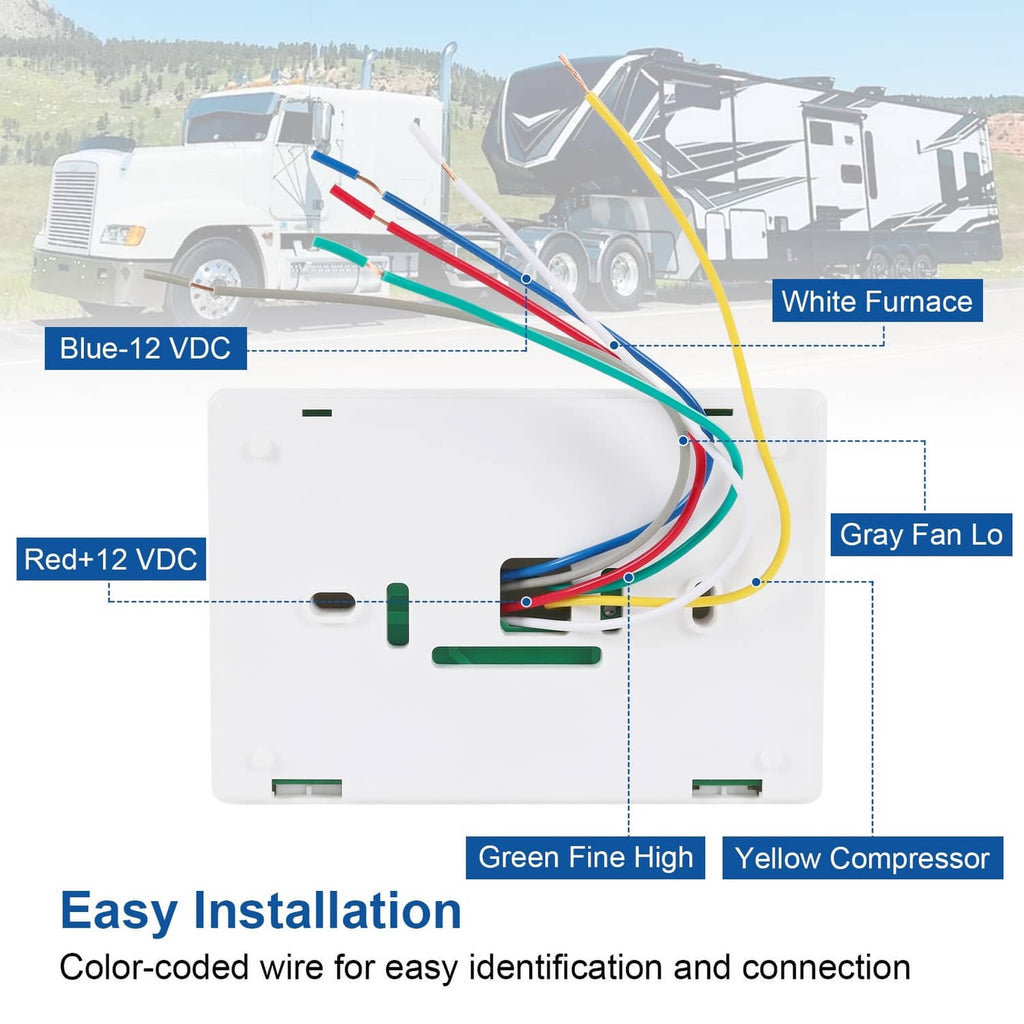 White RV digital thermostat rear wiring terminals with color-coded leads for easy installation