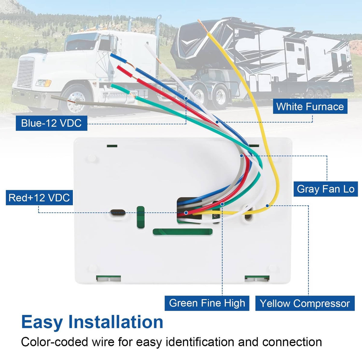 White RV digital thermostat rear wiring terminals with color-coded leads for easy installation